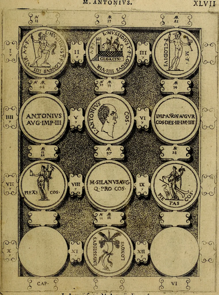 An illustration from C. Ivlivs Caesar : sive Historiae imperatorvm Caesarvmqve romanorvm ex antiqvis nvmismatibvs restitvtae liber primvs; accessit C. Ivlii Caesaris vita et res gestae, 1563, leaf 80