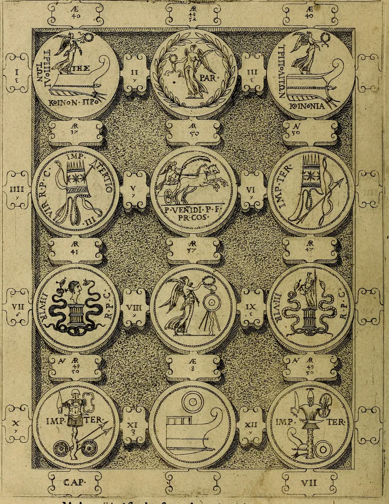 An illustration from C. Ivlivs Caesar : sive Historiae imperatorvm Caesarvmqve romanorvm ex antiqvis nvmismatibvs restitvtae liber primvs; accessit C. Ivlii Caesaris vita et res gestae, 1563, leaf 81