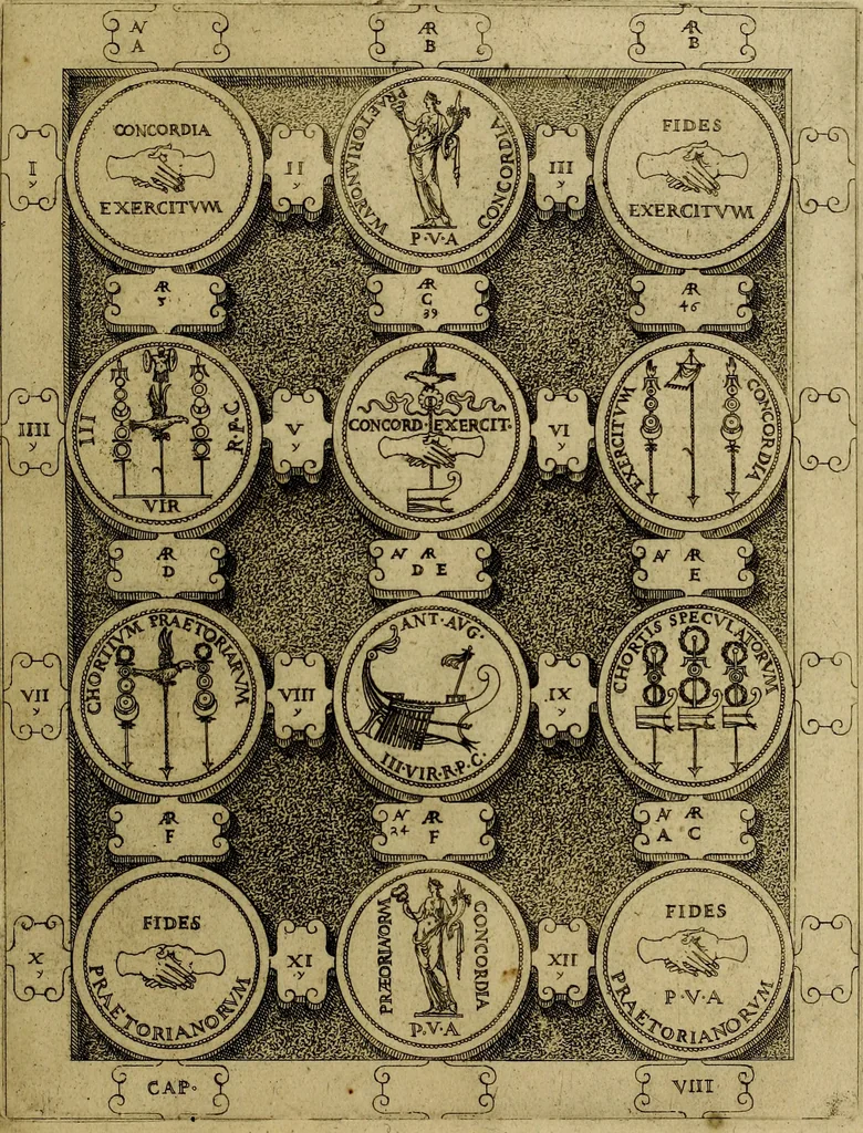 An illustration from C. Ivlivs Caesar : sive Historiae imperatorvm Caesarvmqve romanorvm ex antiqvis nvmismatibvs restitvtae liber primvs; accessit C. Ivlii Caesaris vita et res gestae, 1563, leaf 82