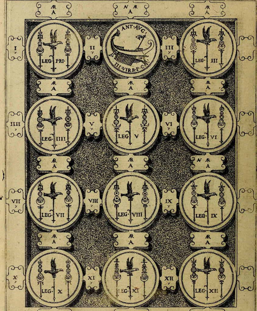 An illustration from C. Ivlivs Caesar : sive Historiae imperatorvm Caesarvmqve romanorvm ex antiqvis nvmismatibvs restitvtae liber primvs; accessit C. Ivlii Caesaris vita et res gestae, 1563, leaf 83
