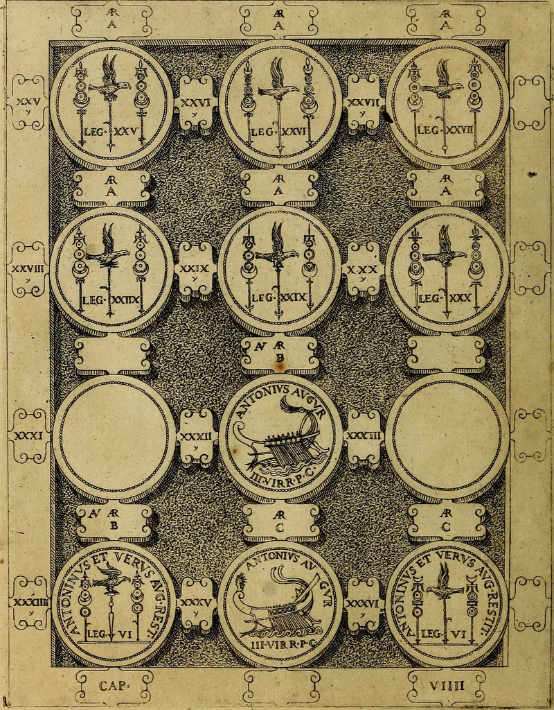 An illustration from C. Ivlivs Caesar : sive Historiae imperatorvm Caesarvmqve romanorvm ex antiqvis nvmismatibvs restitvtae liber primvs; accessit C. Ivlii Caesaris vita et res gestae, 1563, leaf 85