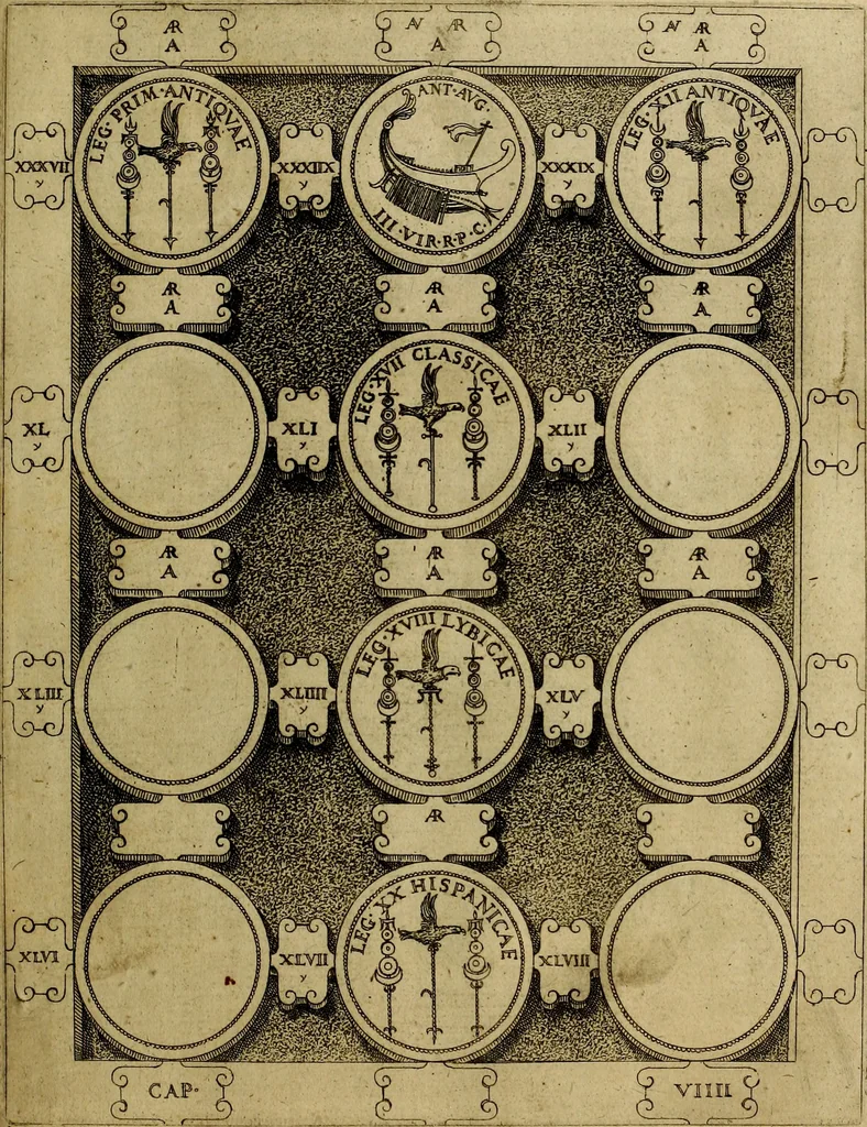 An illustration from C. Ivlivs Caesar : sive Historiae imperatorvm Caesarvmqve romanorvm ex antiqvis nvmismatibvs restitvtae liber primvs; accessit C. Ivlii Caesaris vita et res gestae, 1563, leaf 86