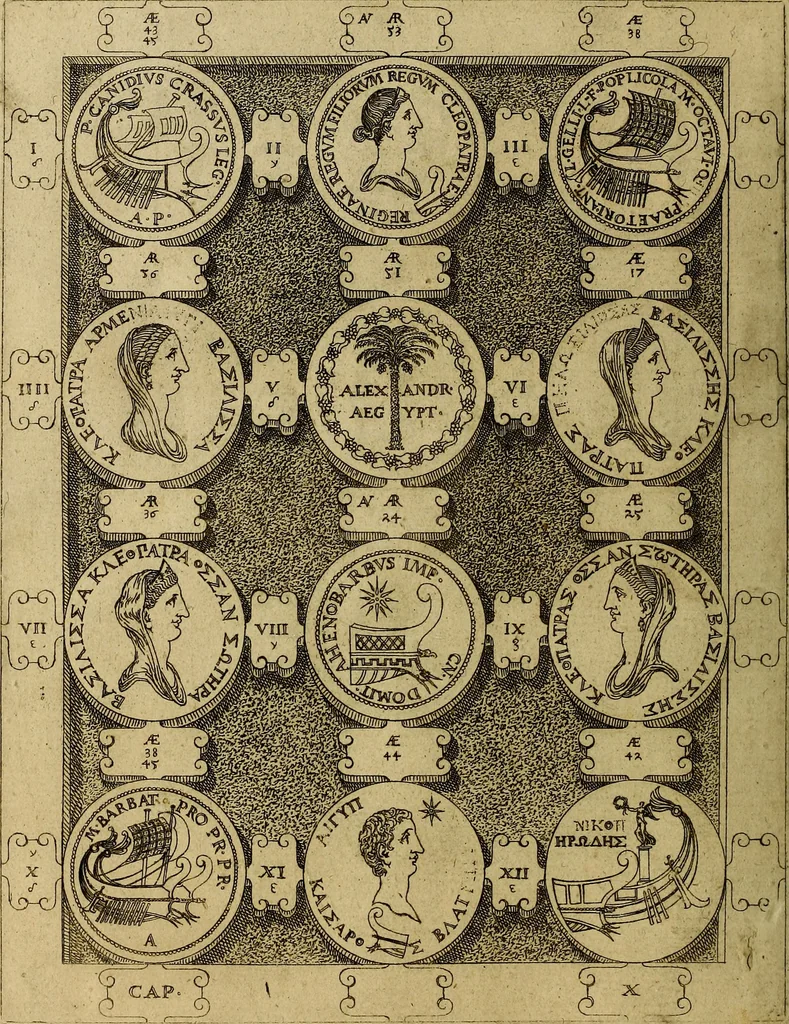 An illustration from C. Ivlivs Caesar : sive Historiae imperatorvm Caesarvmqve romanorvm ex antiqvis nvmismatibvs restitvtae liber primvs; accessit C. Ivlii Caesaris vita et res gestae, 1563, leaf 87