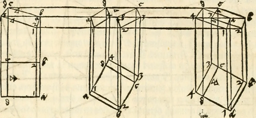 An illustration from Clariss[imi] pictoris et geometræ Alberti Dureri, De varietate figurarum et flexuris partium ac gestib[um] imaginum, : libri duo, cqui priorib[us] De symmetria quondam editis, nunc primum in latinum conversi accesserunt, 1534, leaf 107