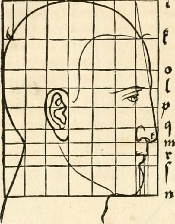 An illustration from Clariss[imi] pictoris et geometræ Alberti Dureri, De varietate figurarum et flexuris partium ac gestib[um] imaginum, : libri duo, cqui priorib[us] De symmetria quondam editis, nunc primum in latinum conversi accesserunt, 1534, leaf 21