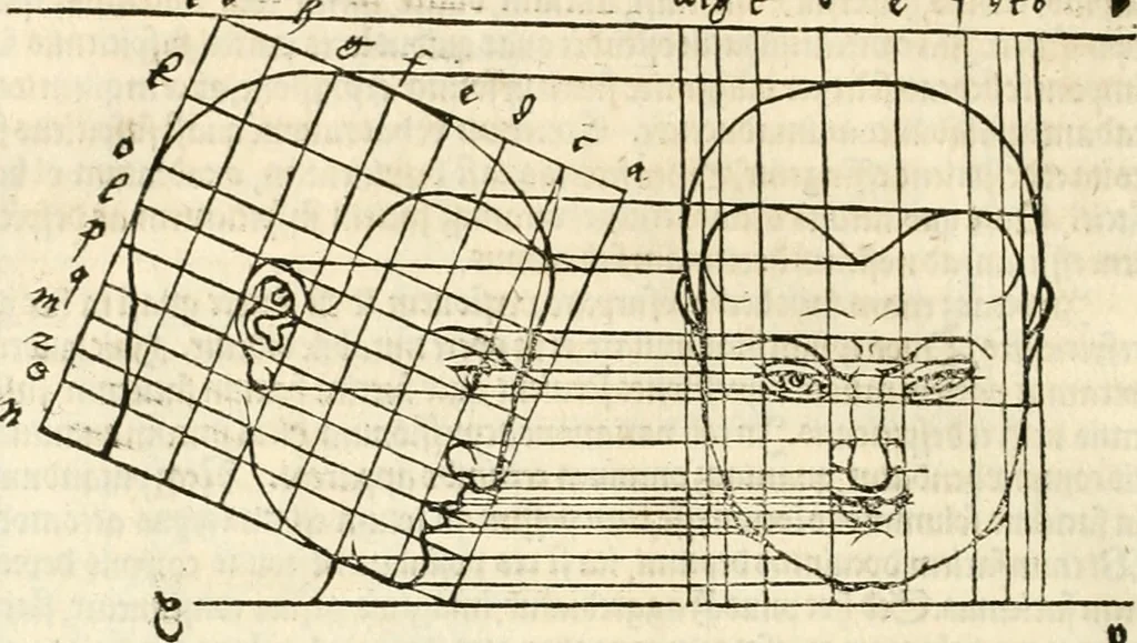 An illustration from Clariss[imi] pictoris et geometræ Alberti Dureri, De varietate figurarum et flexuris partium ac gestib[um] imaginum, : libri duo, cqui priorib[us] De symmetria quondam editis, nunc primum in latinum conversi accesserunt, 1534, leaf 79