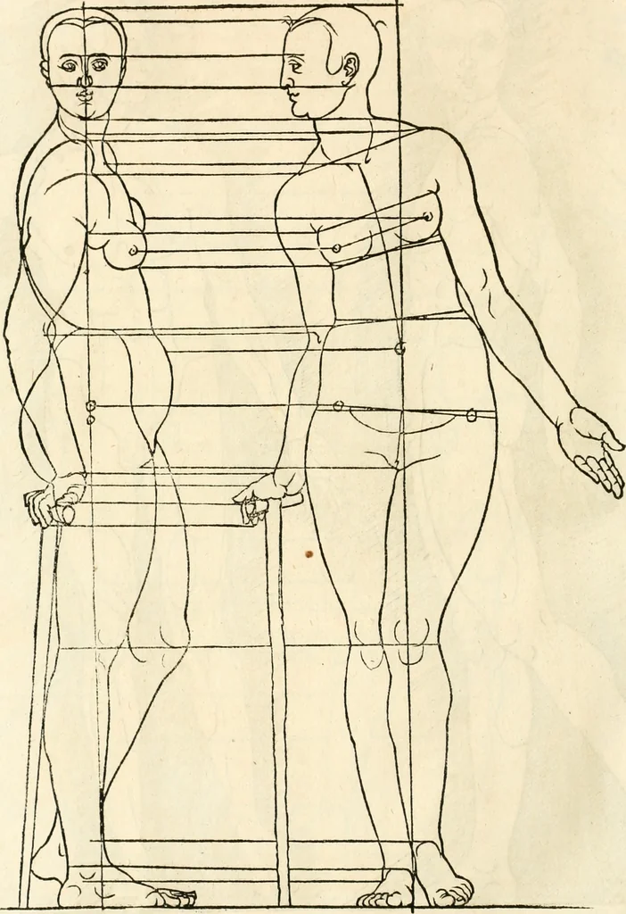 An illustration from Clariss[imi] pictoris et geometræ Alberti Dureri, De varietate figurarum et flexuris partium ac gestib[um] imaginum, : libri duo, cqui priorib[us] De symmetria quondam editis, nunc primum in latinum conversi accesserunt, 1534, leaf 93