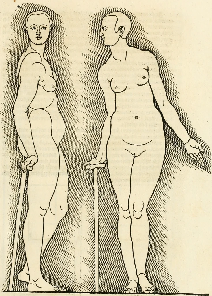 An illustration from Clariss[imi] pictoris et geometræ Alberti Dureri, De varietate figurarum et flexuris partium ac gestib[um] imaginum, : libri duo, cqui priorib[us] De symmetria quondam editis, nunc primum in latinum conversi accesserunt, 1534, leaf 94