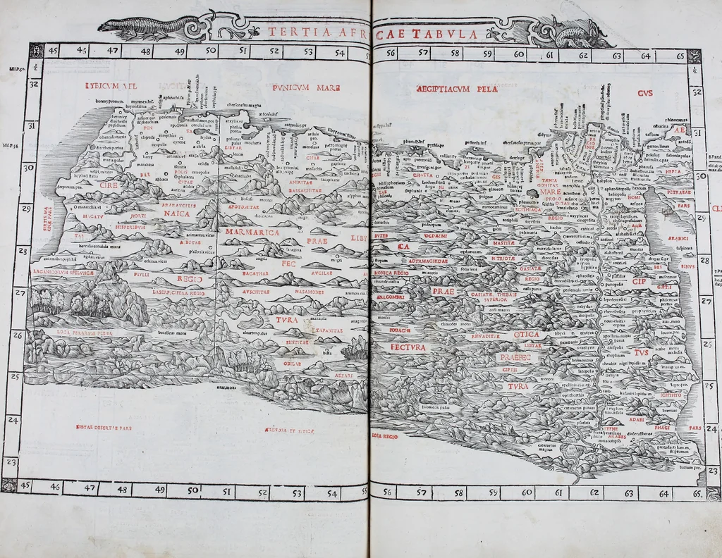 An illustration from Claudii Ptholemaei Alexandrini Liber geographiae cum tabulis et uniuersali figura : et cum additione locorum quae a recentioribus reperta sunt diligenti cura emendatus et impressus, 1511, leaf 156