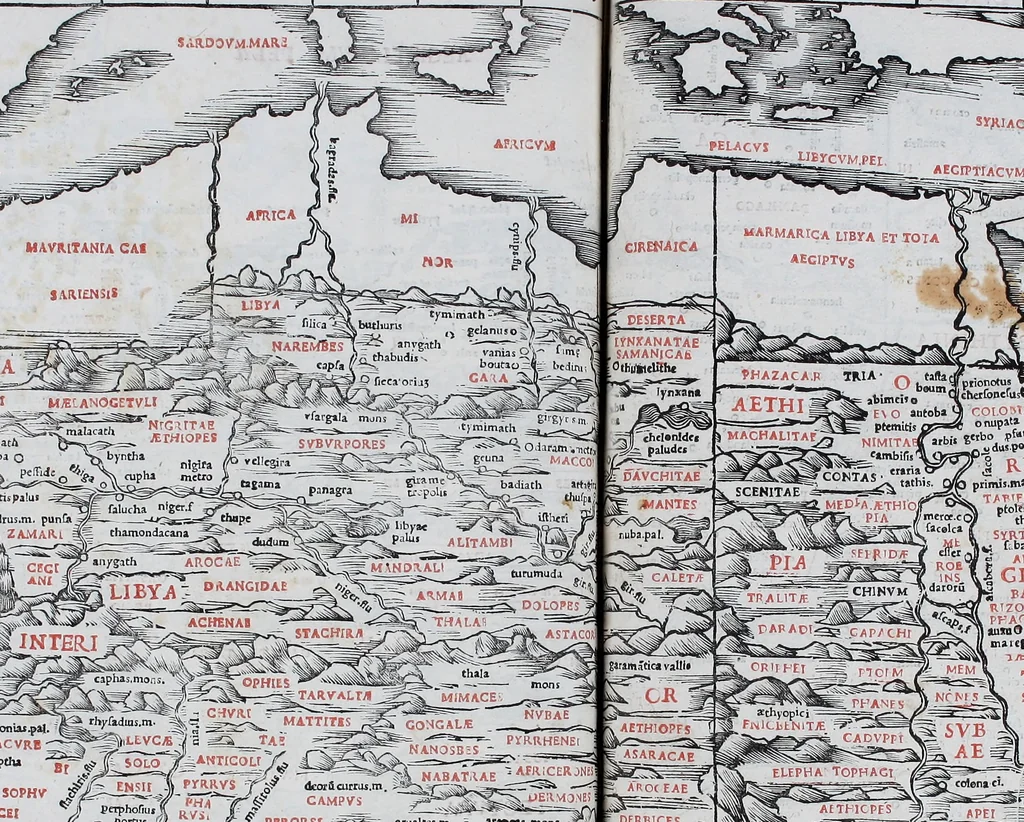 An illustration from Claudii Ptholemaei Alexandrini Liber geographiae cum tabulis et uniuersali figura : et cum additione locorum quae a recentioribus reperta sunt diligenti cura emendatus et impressus, 1511, leaf 158