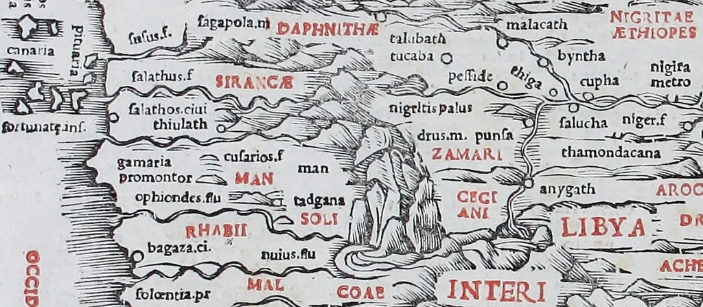 An illustration from Claudii Ptholemaei Alexandrini Liber geographiae cum tabulis et uniuersali figura : et cum additione locorum quae a recentioribus reperta sunt diligenti cura emendatus et impressus, 1511, leaf 158