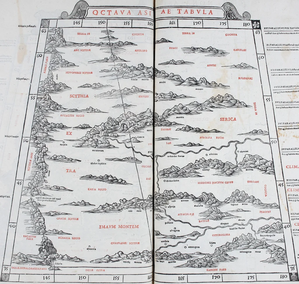 An illustration from Claudii Ptholemaei Alexandrini Liber geographiae cum tabulis et uniuersali figura : et cum additione locorum quae a recentioribus reperta sunt diligenti cura emendatus et impressus, 1511, leaf 174