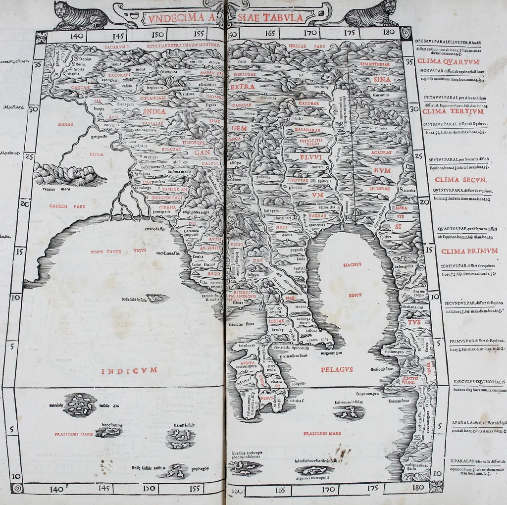 An illustration from Claudii Ptholemaei Alexandrini Liber geographiae cum tabulis et uniuersali figura : et cum additione locorum quae a recentioribus reperta sunt diligenti cura emendatus et impressus, 1511, leaf 180