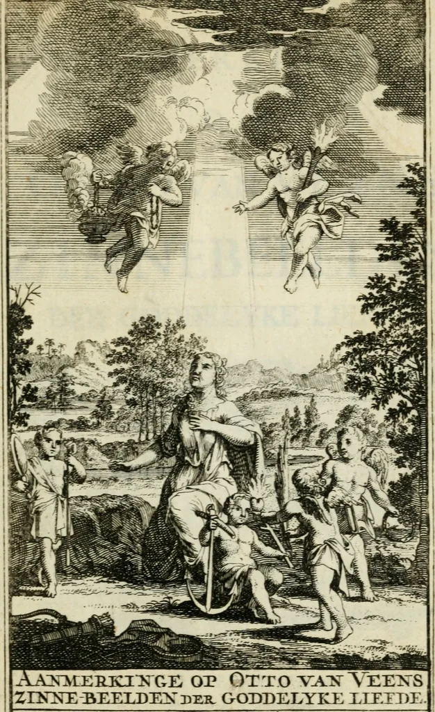 An illustration from Cl. Bruins Aanmerkingen op Otto van Veens Zinnebeelden der goddelyke liefde, 1726, leaf 6