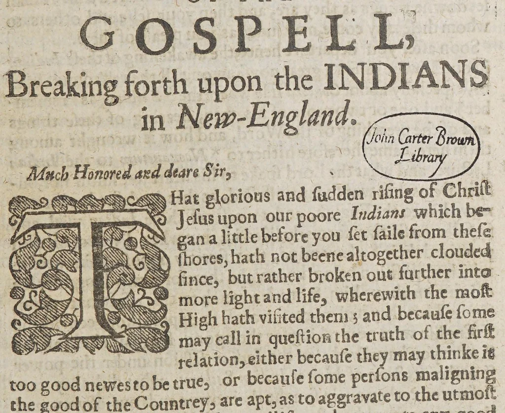 An illustration from The clear sun-shine of the gospel breaking forth upon the Indians in New-England. : Or, an historicall narration of Gods wonderfull workings upon sundry of the Indians, both chief governors and common-people, in bringing them to a willing and desired submission to the ordinances of the gospel; and framing their hearts to an earnest inquirie after the knowledge of God the Father, and of Jesus Christ the Saviour of the world., 1648, leaf 23