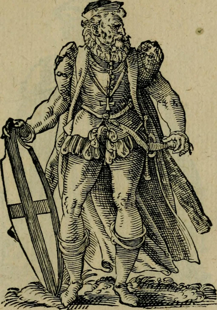 An illustration from Cleri totius Romanae ecclesiae subiecti, seu, Pontificiorvm ordinvm omnivm omnino vtrivsqve sexvs, habitvs, artificiosissimis figuris, quibus Francisci Modii singula octosticha adiecta sunt, nunc primùm à Ivdoco Ammanno expressi: neqve vnquam antehac similiter editi. Addito libello singvlari eivsdem Francisci Modij Brug. in quo cuiusque ordinis ecclesiastici origo, progressus & vestitus ratio breuiter ex variis historicis delineatur, 1585, leaf 100