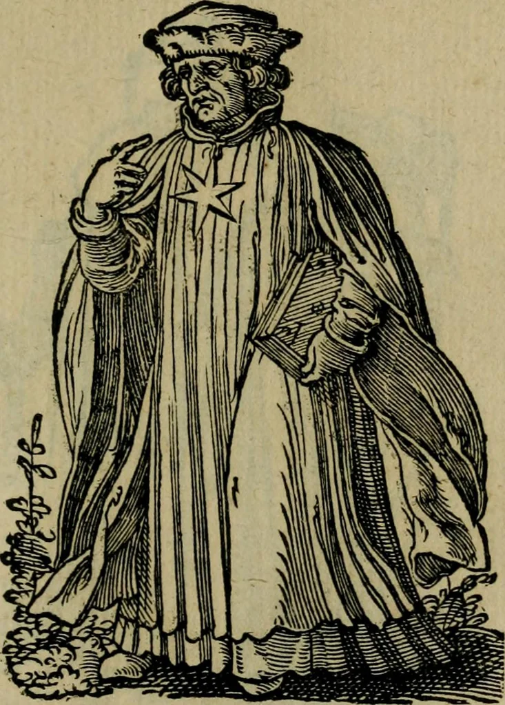 An illustration from Cleri totius Romanae ecclesiae subiecti, seu, Pontificiorvm ordinvm omnivm omnino vtrivsqve sexvs, habitvs, artificiosissimis figuris, quibus Francisci Modii singula octosticha adiecta sunt, nunc primùm à Ivdoco Ammanno expressi: neqve vnquam antehac similiter editi. Addito libello singvlari eivsdem Francisci Modij Brug. in quo cuiusque ordinis ecclesiastici origo, progressus & vestitus ratio breuiter ex variis historicis delineatur, 1585, leaf 102