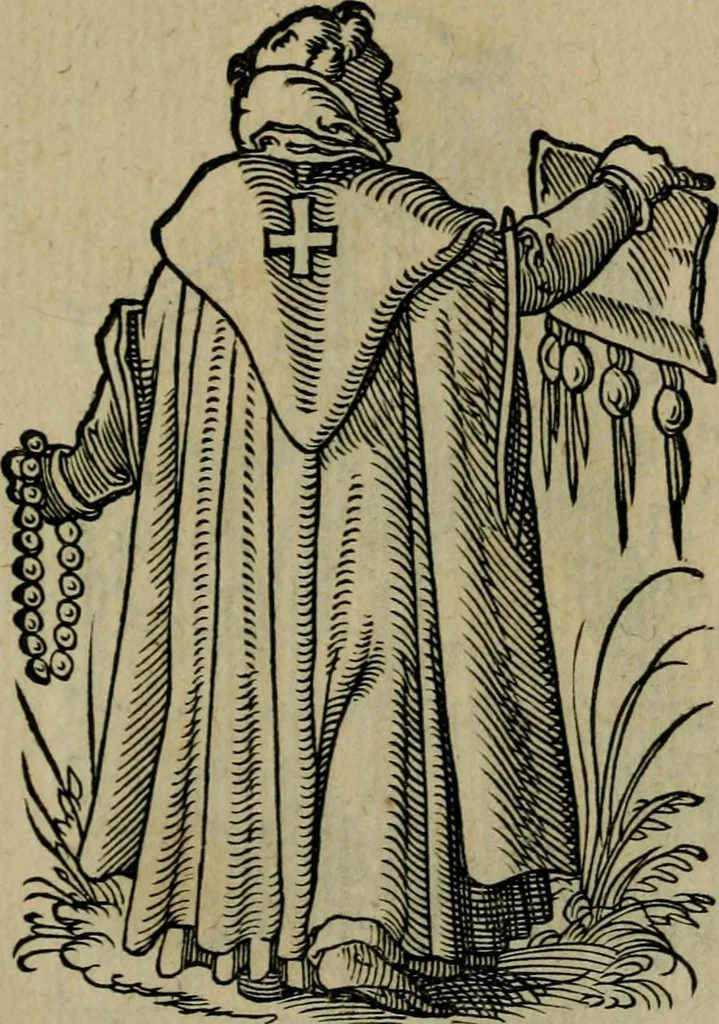 An illustration from Cleri totius Romanae ecclesiae subiecti, seu, Pontificiorvm ordinvm omnivm omnino vtrivsqve sexvs, habitvs, artificiosissimis figuris, quibus Francisci Modii singula octosticha adiecta sunt, nunc primùm à Ivdoco Ammanno expressi: neqve vnquam antehac similiter editi. Addito libello singvlari eivsdem Francisci Modij Brug. in quo cuiusque ordinis ecclesiastici origo, progressus & vestitus ratio breuiter ex variis historicis delineatur, 1585, leaf 104