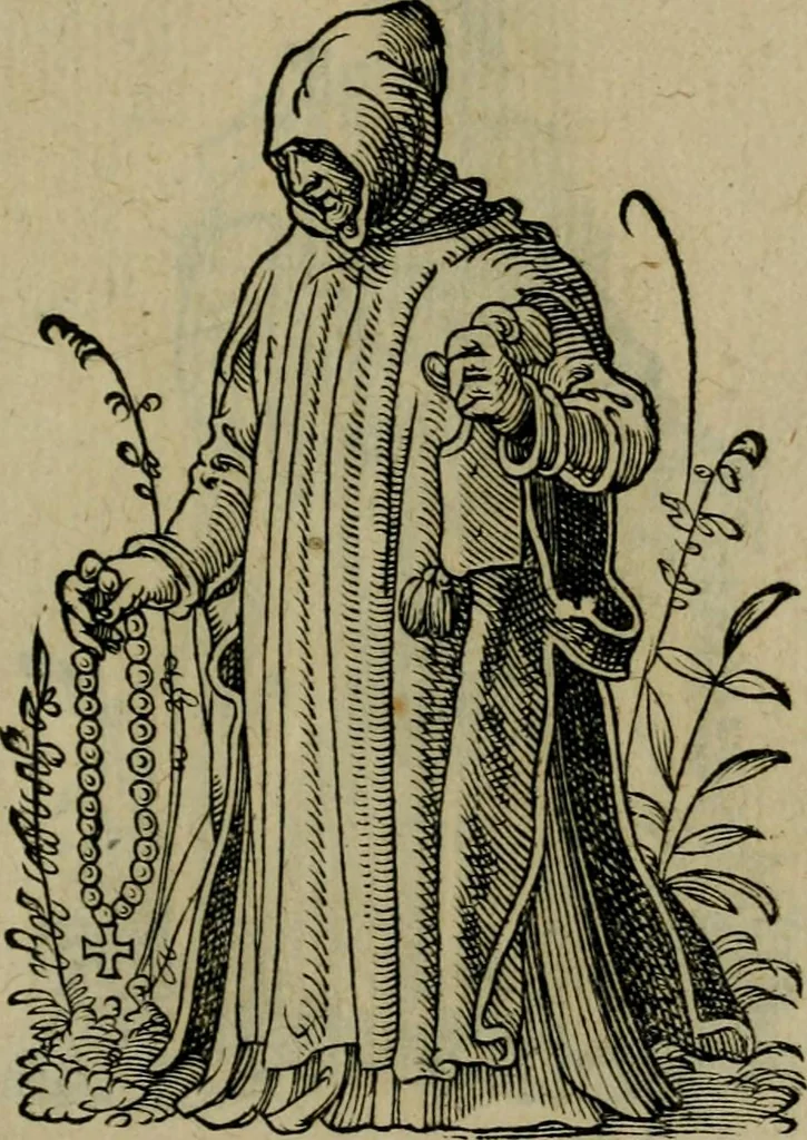 An illustration from Cleri totius Romanae ecclesiae subiecti, seu, Pontificiorvm ordinvm omnivm omnino vtrivsqve sexvs, habitvs, artificiosissimis figuris, quibus Francisci Modii singula octosticha adiecta sunt, nunc primùm à Ivdoco Ammanno expressi: neqve vnquam antehac similiter editi. Addito libello singvlari eivsdem Francisci Modij Brug. in quo cuiusque ordinis ecclesiastici origo, progressus & vestitus ratio breuiter ex variis historicis delineatur, 1585, leaf 108