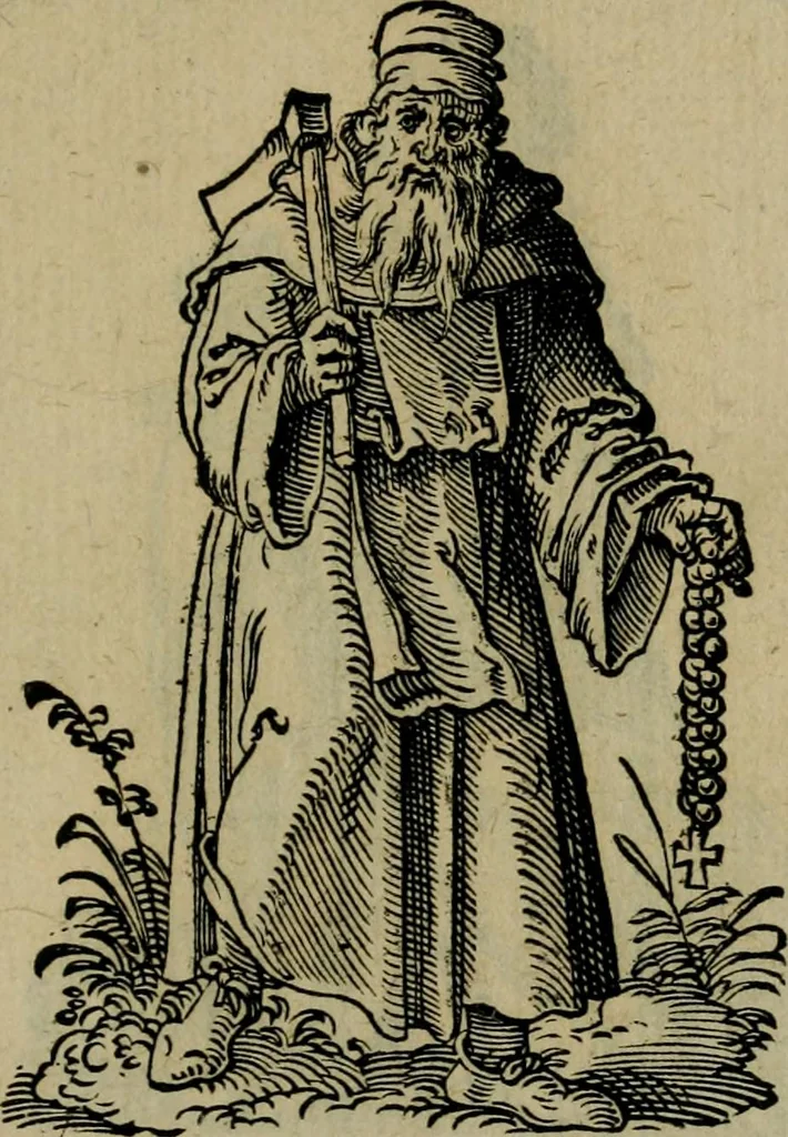 An illustration from Cleri totius Romanae ecclesiae subiecti, seu, Pontificiorvm ordinvm omnivm omnino vtrivsqve sexvs, habitvs, artificiosissimis figuris, quibus Francisci Modii singula octosticha adiecta sunt, nunc primùm à Ivdoco Ammanno expressi: neqve vnquam antehac similiter editi. Addito libello singvlari eivsdem Francisci Modij Brug. in quo cuiusque ordinis ecclesiastici origo, progressus & vestitus ratio breuiter ex variis historicis delineatur, 1585, leaf 110