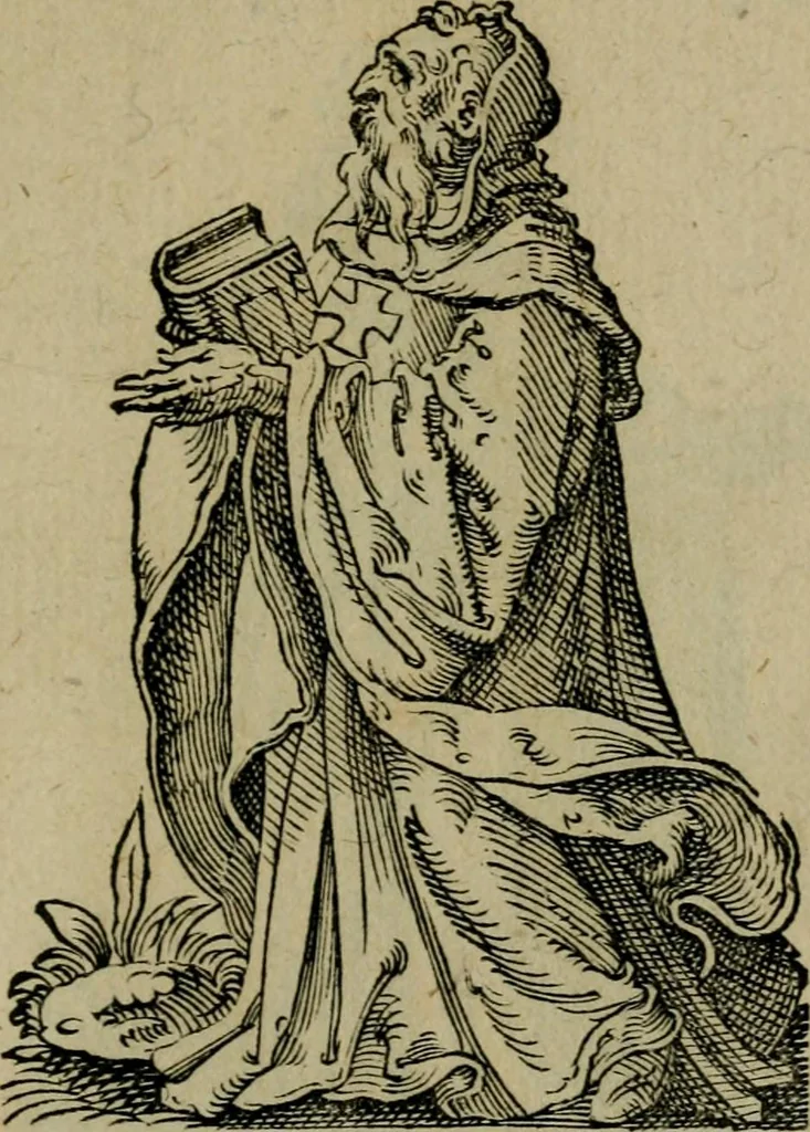An illustration from Cleri totius Romanae ecclesiae subiecti, seu, Pontificiorvm ordinvm omnivm omnino vtrivsqve sexvs, habitvs, artificiosissimis figuris, quibus Francisci Modii singula octosticha adiecta sunt, nunc primùm à Ivdoco Ammanno expressi: neqve vnquam antehac similiter editi. Addito libello singvlari eivsdem Francisci Modij Brug. in quo cuiusque ordinis ecclesiastici origo, progressus & vestitus ratio breuiter ex variis historicis delineatur, 1585, leaf 112