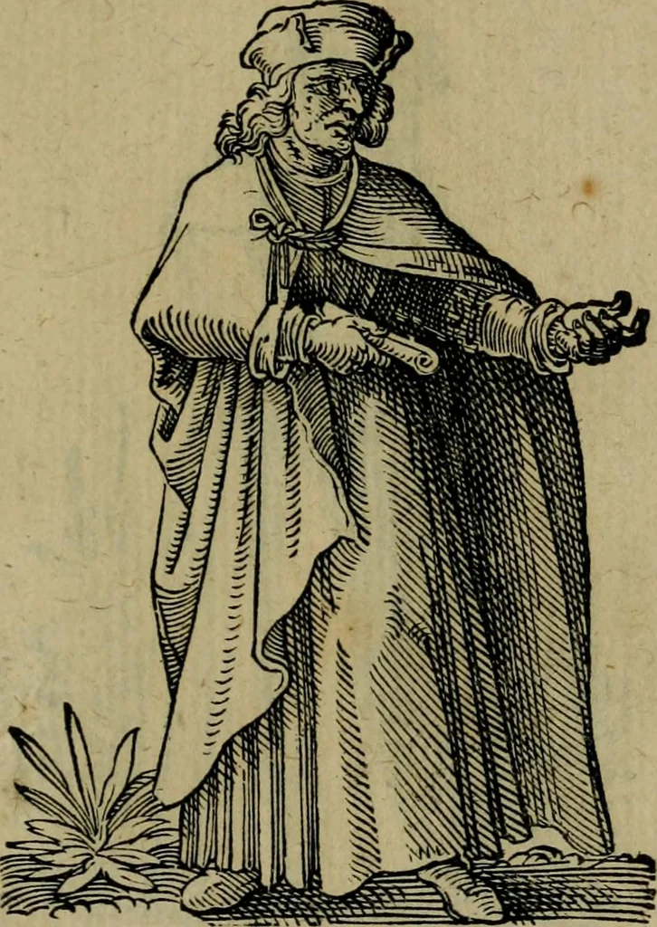 An illustration from Cleri totius Romanae ecclesiae subiecti, seu, Pontificiorvm ordinvm omnivm omnino vtrivsqve sexvs, habitvs, artificiosissimis figuris, quibus Francisci Modii singula octosticha adiecta sunt, nunc primùm à Ivdoco Ammanno expressi: neqve vnquam antehac similiter editi. Addito libello singvlari eivsdem Francisci Modij Brug. in quo cuiusque ordinis ecclesiastici origo, progressus & vestitus ratio breuiter ex variis historicis delineatur, 1585, leaf 114