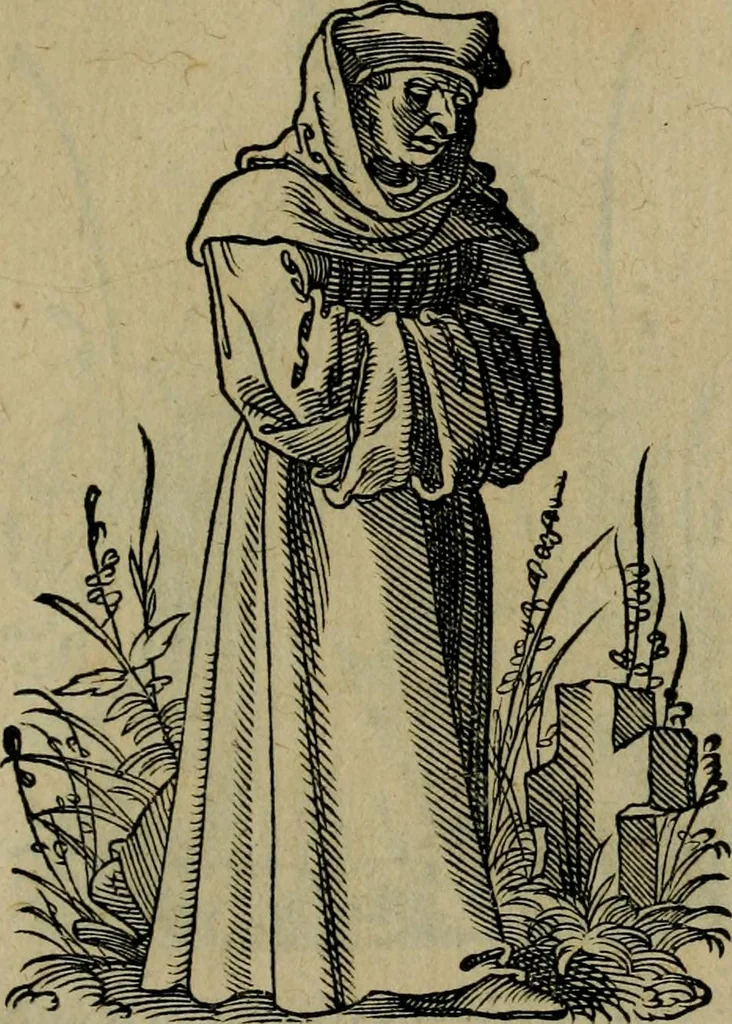 An illustration from Cleri totius Romanae ecclesiae subiecti, seu, Pontificiorvm ordinvm omnivm omnino vtrivsqve sexvs, habitvs, artificiosissimis figuris, quibus Francisci Modii singula octosticha adiecta sunt, nunc primùm à Ivdoco Ammanno expressi: neqve vnquam antehac similiter editi. Addito libello singvlari eivsdem Francisci Modij Brug. in quo cuiusque ordinis ecclesiastici origo, progressus & vestitus ratio breuiter ex variis historicis delineatur, 1585, leaf 116