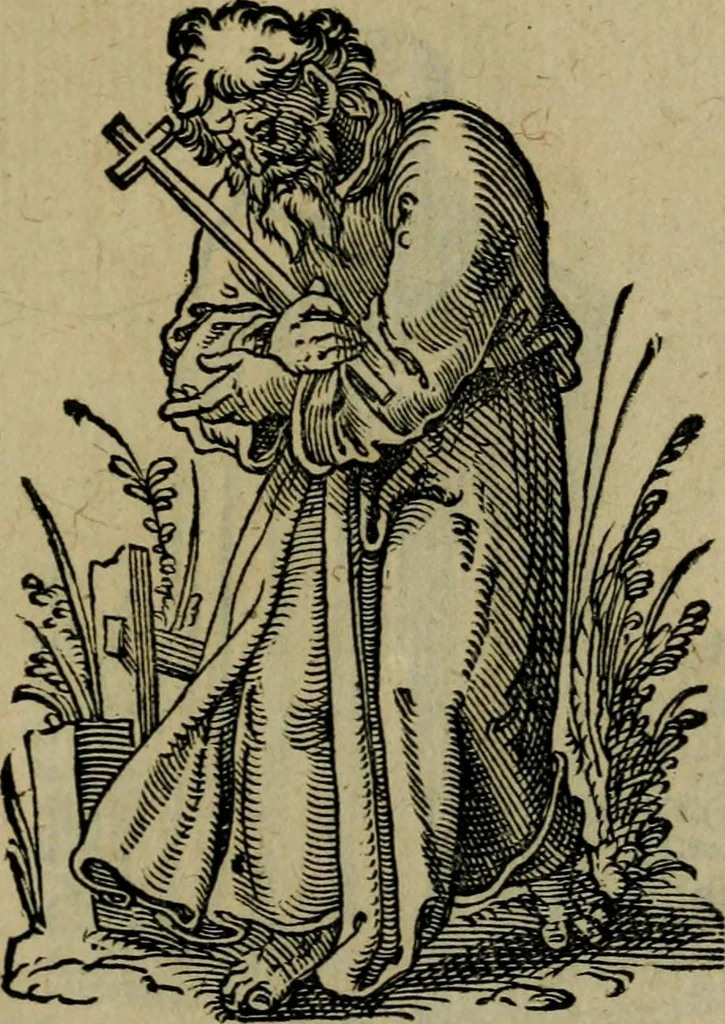 An illustration from Cleri totius Romanae ecclesiae subiecti, seu, Pontificiorvm ordinvm omnivm omnino vtrivsqve sexvs, habitvs, artificiosissimis figuris, quibus Francisci Modii singula octosticha adiecta sunt, nunc primùm à Ivdoco Ammanno expressi: neqve vnquam antehac similiter editi. Addito libello singvlari eivsdem Francisci Modij Brug. in quo cuiusque ordinis ecclesiastici origo, progressus & vestitus ratio breuiter ex variis historicis delineatur, 1585, leaf 120