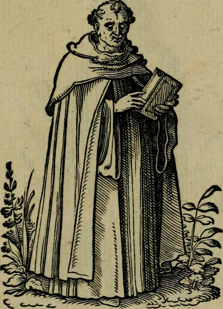 An illustration from Cleri totius Romanae ecclesiae subiecti, seu, Pontificiorvm ordinvm omnivm omnino vtrivsqve sexvs, habitvs, artificiosissimis figuris, quibus Francisci Modii singula octosticha adiecta sunt, nunc primùm à Ivdoco Ammanno expressi: neqve vnquam antehac similiter editi. Addito libello singvlari eivsdem Francisci Modij Brug. in quo cuiusque ordinis ecclesiastici origo, progressus & vestitus ratio breuiter ex variis historicis delineatur, 1585, leaf 122