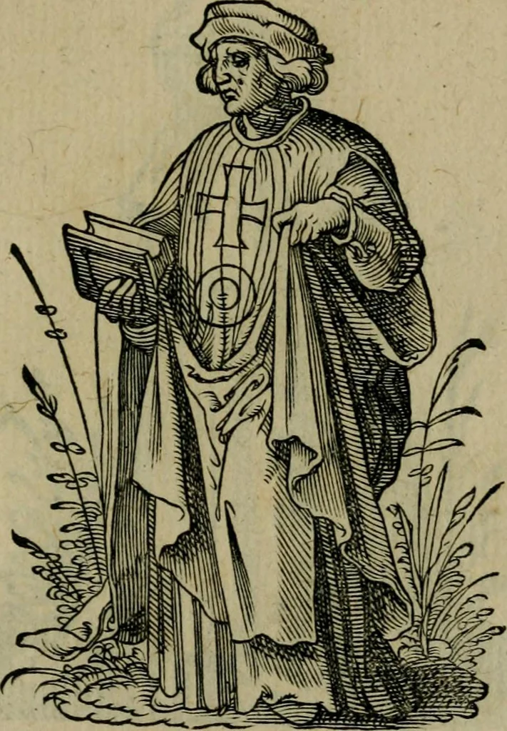 An illustration from Cleri totius Romanae ecclesiae subiecti, seu, Pontificiorvm ordinvm omnivm omnino vtrivsqve sexvs, habitvs, artificiosissimis figuris, quibus Francisci Modii singula octosticha adiecta sunt, nunc primùm à Ivdoco Ammanno expressi: neqve vnquam antehac similiter editi. Addito libello singvlari eivsdem Francisci Modij Brug. in quo cuiusque ordinis ecclesiastici origo, progressus & vestitus ratio breuiter ex variis historicis delineatur, 1585, leaf 124