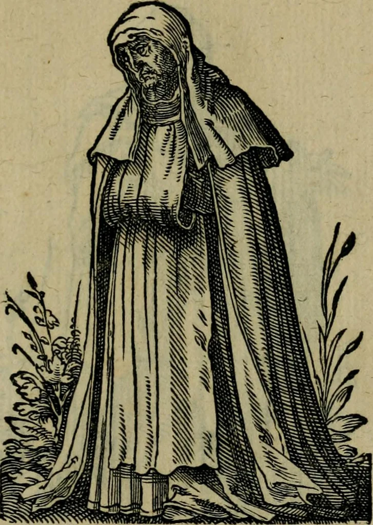 An illustration from Cleri totius Romanae ecclesiae subiecti, seu, Pontificiorvm ordinvm omnivm omnino vtrivsqve sexvs, habitvs, artificiosissimis figuris, quibus Francisci Modii singula octosticha adiecta sunt, nunc primùm à Ivdoco Ammanno expressi: neqve vnquam antehac similiter editi. Addito libello singvlari eivsdem Francisci Modij Brug. in quo cuiusque ordinis ecclesiastici origo, progressus & vestitus ratio breuiter ex variis historicis delineatur, 1585, leaf 126