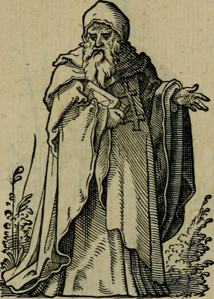 An illustration from Cleri totius Romanae ecclesiae subiecti, seu, Pontificiorvm ordinvm omnivm omnino vtrivsqve sexvs, habitvs, artificiosissimis figuris, quibus Francisci Modii singula octosticha adiecta sunt, nunc primùm à Ivdoco Ammanno expressi: neqve vnquam antehac similiter editi. Addito libello singvlari eivsdem Francisci Modij Brug. in quo cuiusque ordinis ecclesiastici origo, progressus & vestitus ratio breuiter ex variis historicis delineatur, 1585, leaf 128
