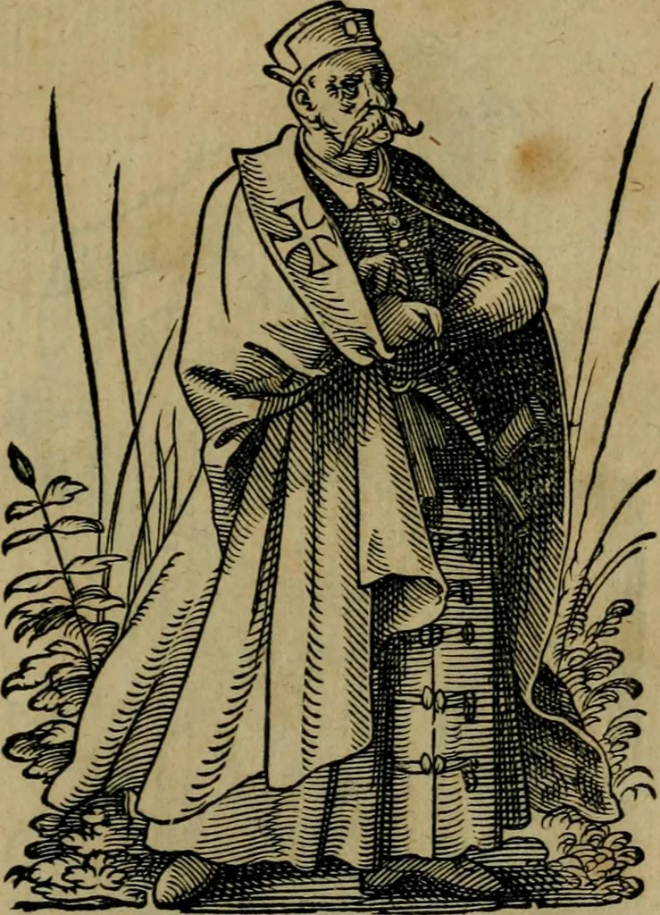 An illustration from Cleri totius Romanae ecclesiae subiecti, seu, Pontificiorvm ordinvm omnivm omnino vtrivsqve sexvs, habitvs, artificiosissimis figuris, quibus Francisci Modii singula octosticha adiecta sunt, nunc primùm à Ivdoco Ammanno expressi: neqve vnquam antehac similiter editi. Addito libello singvlari eivsdem Francisci Modij Brug. in quo cuiusque ordinis ecclesiastici origo, progressus & vestitus ratio breuiter ex variis historicis delineatur, 1585, leaf 130