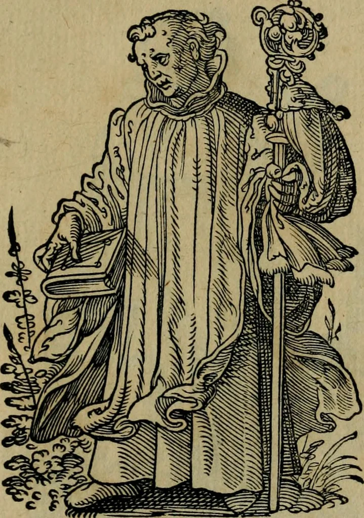 An illustration from Cleri totius Romanae ecclesiae subiecti, seu, Pontificiorvm ordinvm omnivm omnino vtrivsqve sexvs, habitvs, artificiosissimis figuris, quibus Francisci Modii singula octosticha adiecta sunt, nunc primùm à Ivdoco Ammanno expressi: neqve vnquam antehac similiter editi. Addito libello singvlari eivsdem Francisci Modij Brug. in quo cuiusque ordinis ecclesiastici origo, progressus & vestitus ratio breuiter ex variis historicis delineatur, 1585, leaf 134