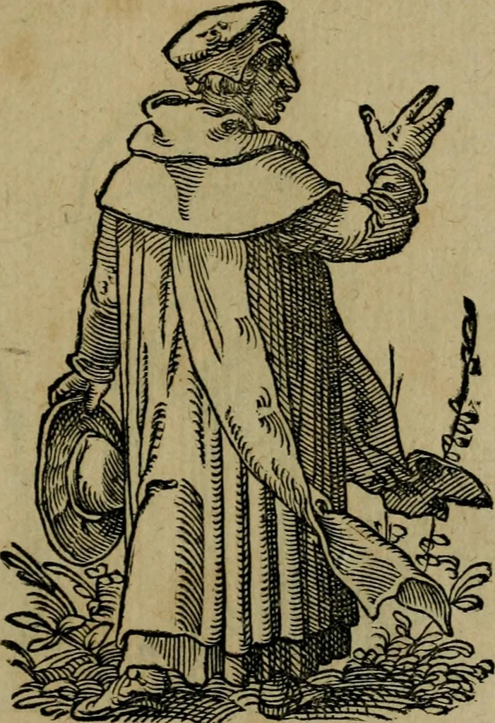 An illustration from Cleri totius Romanae ecclesiae subiecti, seu, Pontificiorvm ordinvm omnivm omnino vtrivsqve sexvs, habitvs, artificiosissimis figuris, quibus Francisci Modii singula octosticha adiecta sunt, nunc primùm à Ivdoco Ammanno expressi: neqve vnquam antehac similiter editi. Addito libello singvlari eivsdem Francisci Modij Brug. in quo cuiusque ordinis ecclesiastici origo, progressus & vestitus ratio breuiter ex variis historicis delineatur, 1585, leaf 136
