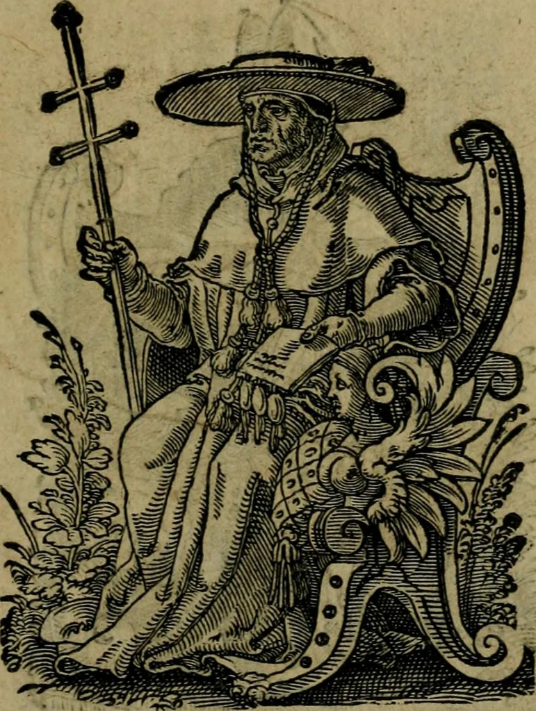 An illustration from Cleri totius Romanae ecclesiae subiecti, seu, Pontificiorvm ordinvm omnivm omnino vtrivsqve sexvs, habitvs, artificiosissimis figuris, quibus Francisci Modii singula octosticha adiecta sunt, nunc primùm à Ivdoco Ammanno expressi: neqve vnquam antehac similiter editi. Addito libello singvlari eivsdem Francisci Modij Brug. in quo cuiusque ordinis ecclesiastici origo, progressus & vestitus ratio breuiter ex variis historicis delineatur, 1585, leaf 14