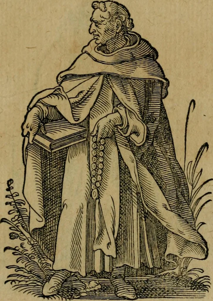 An illustration from Cleri totius Romanae ecclesiae subiecti, seu, Pontificiorvm ordinvm omnivm omnino vtrivsqve sexvs, habitvs, artificiosissimis figuris, quibus Francisci Modii singula octosticha adiecta sunt, nunc primùm à Ivdoco Ammanno expressi: neqve vnquam antehac similiter editi. Addito libello singvlari eivsdem Francisci Modij Brug. in quo cuiusque ordinis ecclesiastici origo, progressus & vestitus ratio breuiter ex variis historicis delineatur, 1585, leaf 140