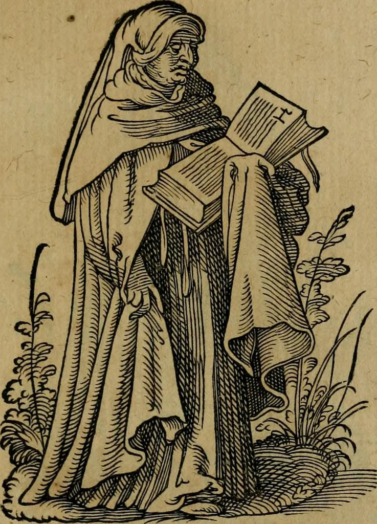 An illustration from Cleri totius Romanae ecclesiae subiecti, seu, Pontificiorvm ordinvm omnivm omnino vtrivsqve sexvs, habitvs, artificiosissimis figuris, quibus Francisci Modii singula octosticha adiecta sunt, nunc primùm à Ivdoco Ammanno expressi: neqve vnquam antehac similiter editi. Addito libello singvlari eivsdem Francisci Modij Brug. in quo cuiusque ordinis ecclesiastici origo, progressus & vestitus ratio breuiter ex variis historicis delineatur, 1585, leaf 144