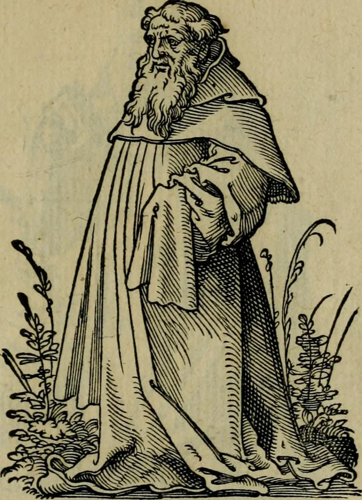 An illustration from Cleri totius Romanae ecclesiae subiecti, seu, Pontificiorvm ordinvm omnivm omnino vtrivsqve sexvs, habitvs, artificiosissimis figuris, quibus Francisci Modii singula octosticha adiecta sunt, nunc primùm à Ivdoco Ammanno expressi: neqve vnquam antehac similiter editi. Addito libello singvlari eivsdem Francisci Modij Brug. in quo cuiusque ordinis ecclesiastici origo, progressus & vestitus ratio breuiter ex variis historicis delineatur, 1585, leaf 146