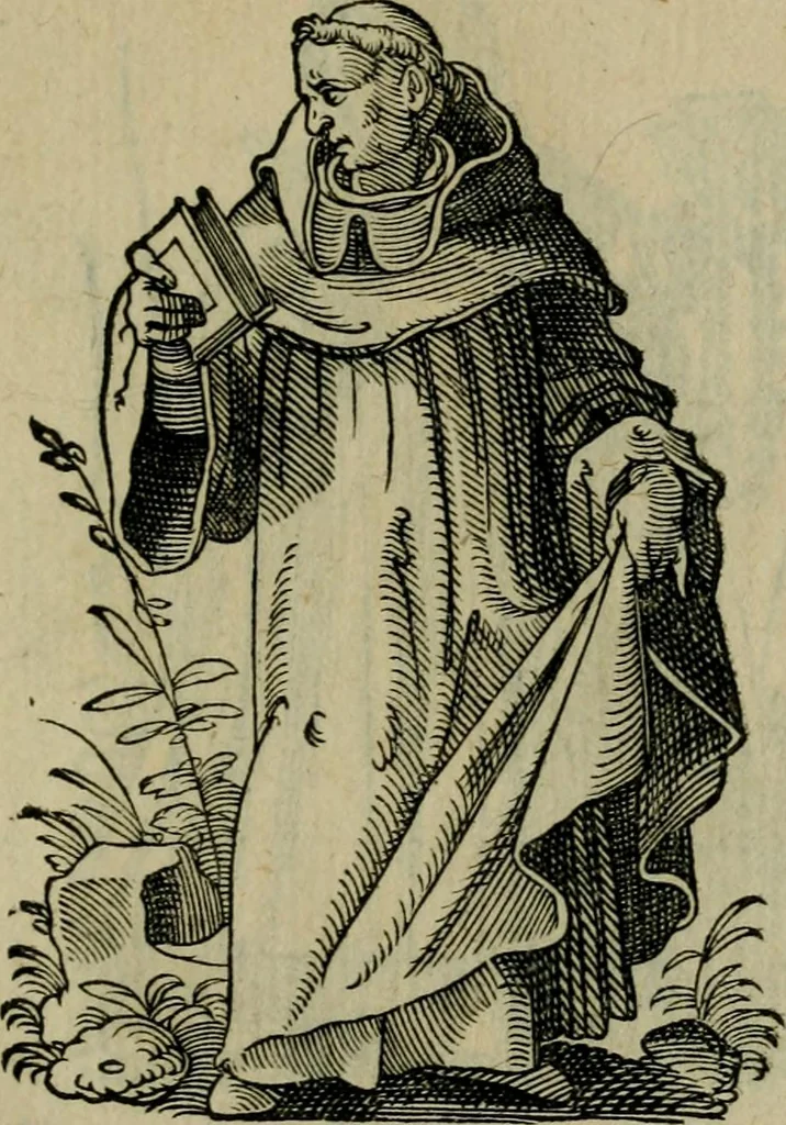 An illustration from Cleri totius Romanae ecclesiae subiecti, seu, Pontificiorvm ordinvm omnivm omnino vtrivsqve sexvs, habitvs, artificiosissimis figuris, quibus Francisci Modii singula octosticha adiecta sunt, nunc primùm à Ivdoco Ammanno expressi: neqve vnquam antehac similiter editi. Addito libello singvlari eivsdem Francisci Modij Brug. in quo cuiusque ordinis ecclesiastici origo, progressus & vestitus ratio breuiter ex variis historicis delineatur, 1585, leaf 148
