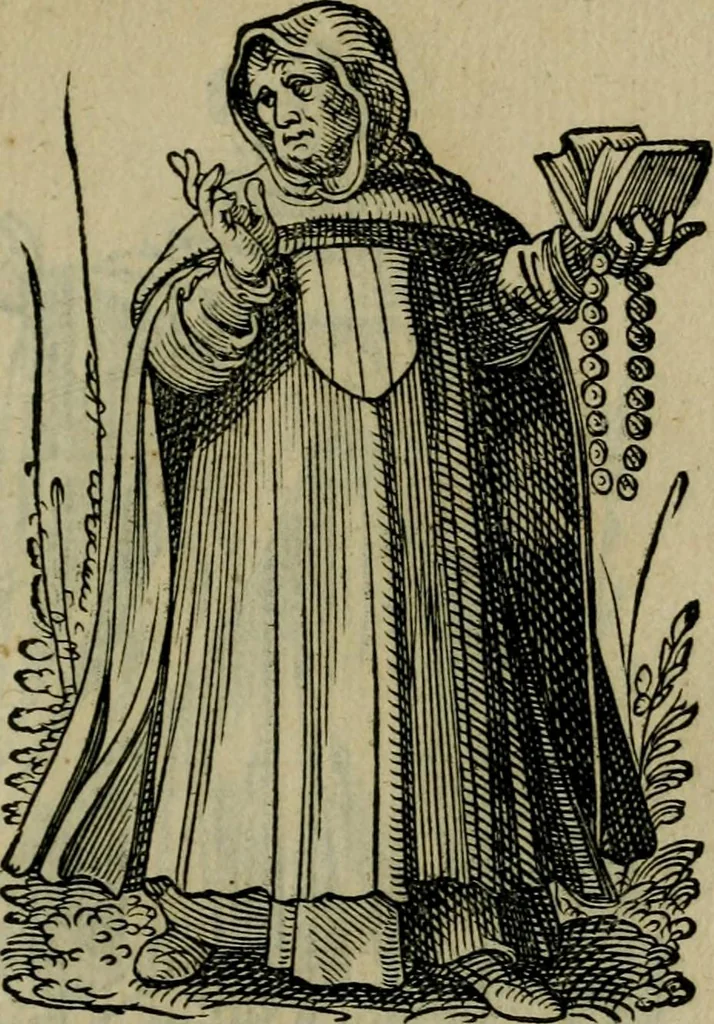 An illustration from Cleri totius Romanae ecclesiae subiecti, seu, Pontificiorvm ordinvm omnivm omnino vtrivsqve sexvs, habitvs, artificiosissimis figuris, quibus Francisci Modii singula octosticha adiecta sunt, nunc primùm à Ivdoco Ammanno expressi: neqve vnquam antehac similiter editi. Addito libello singvlari eivsdem Francisci Modij Brug. in quo cuiusque ordinis ecclesiastici origo, progressus & vestitus ratio breuiter ex variis historicis delineatur, 1585, leaf 150