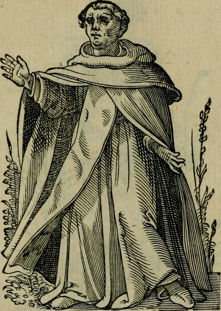 An illustration from Cleri totius Romanae ecclesiae subiecti, seu, Pontificiorvm ordinvm omnivm omnino vtrivsqve sexvs, habitvs, artificiosissimis figuris, quibus Francisci Modii singula octosticha adiecta sunt, nunc primùm à Ivdoco Ammanno expressi: neqve vnquam antehac similiter editi. Addito libello singvlari eivsdem Francisci Modij Brug. in quo cuiusque ordinis ecclesiastici origo, progressus & vestitus ratio breuiter ex variis historicis delineatur, 1585, leaf 152