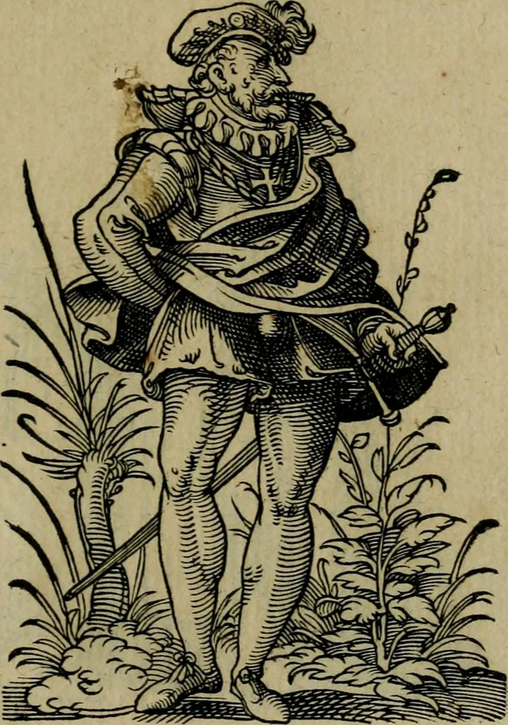 An illustration from Cleri totius Romanae ecclesiae subiecti, seu, Pontificiorvm ordinvm omnivm omnino vtrivsqve sexvs, habitvs, artificiosissimis figuris, quibus Francisci Modii singula octosticha adiecta sunt, nunc primùm à Ivdoco Ammanno expressi: neqve vnquam antehac similiter editi. Addito libello singvlari eivsdem Francisci Modij Brug. in quo cuiusque ordinis ecclesiastici origo, progressus & vestitus ratio breuiter ex variis historicis delineatur, 1585, leaf 154