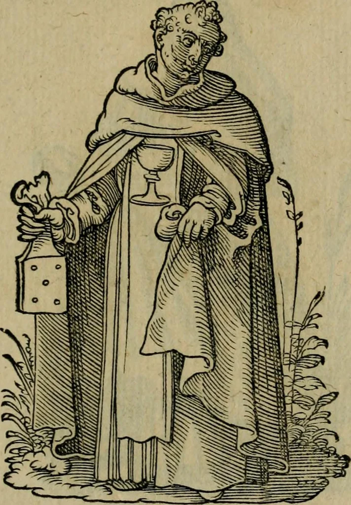 An illustration from Cleri totius Romanae ecclesiae subiecti, seu, Pontificiorvm ordinvm omnivm omnino vtrivsqve sexvs, habitvs, artificiosissimis figuris, quibus Francisci Modii singula octosticha adiecta sunt, nunc primùm à Ivdoco Ammanno expressi: neqve vnquam antehac similiter editi. Addito libello singvlari eivsdem Francisci Modij Brug. in quo cuiusque ordinis ecclesiastici origo, progressus & vestitus ratio breuiter ex variis historicis delineatur, 1585, leaf 156