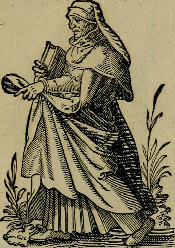 An illustration from Cleri totius Romanae ecclesiae subiecti, seu, Pontificiorvm ordinvm omnivm omnino vtrivsqve sexvs, habitvs, artificiosissimis figuris, quibus Francisci Modii singula octosticha adiecta sunt, nunc primùm à Ivdoco Ammanno expressi: neqve vnquam antehac similiter editi. Addito libello singvlari eivsdem Francisci Modij Brug. in quo cuiusque ordinis ecclesiastici origo, progressus & vestitus ratio breuiter ex variis historicis delineatur, 1585, leaf 158