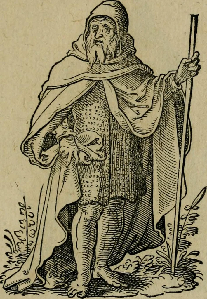 An illustration from Cleri totius Romanae ecclesiae subiecti, seu, Pontificiorvm ordinvm omnivm omnino vtrivsqve sexvs, habitvs, artificiosissimis figuris, quibus Francisci Modii singula octosticha adiecta sunt, nunc primùm à Ivdoco Ammanno expressi: neqve vnquam antehac similiter editi. Addito libello singvlari eivsdem Francisci Modij Brug. in quo cuiusque ordinis ecclesiastici origo, progressus & vestitus ratio breuiter ex variis historicis delineatur, 1585, leaf 160