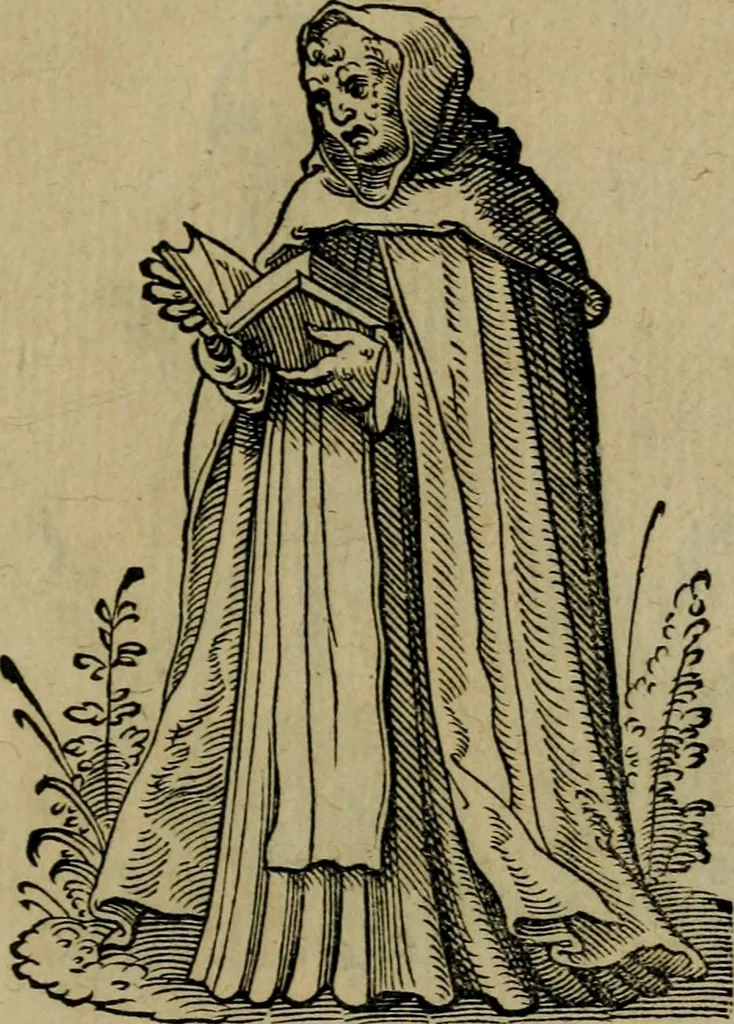 An illustration from Cleri totius Romanae ecclesiae subiecti, seu, Pontificiorvm ordinvm omnivm omnino vtrivsqve sexvs, habitvs, artificiosissimis figuris, quibus Francisci Modii singula octosticha adiecta sunt, nunc primùm à Ivdoco Ammanno expressi: neqve vnquam antehac similiter editi. Addito libello singvlari eivsdem Francisci Modij Brug. in quo cuiusque ordinis ecclesiastici origo, progressus & vestitus ratio breuiter ex variis historicis delineatur, 1585, leaf 162