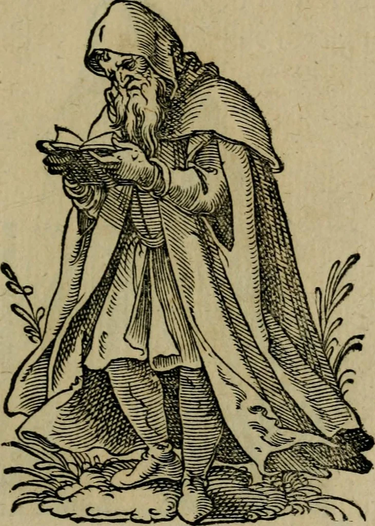 An illustration from Cleri totius Romanae ecclesiae subiecti, seu, Pontificiorvm ordinvm omnivm omnino vtrivsqve sexvs, habitvs, artificiosissimis figuris, quibus Francisci Modii singula octosticha adiecta sunt, nunc primùm à Ivdoco Ammanno expressi: neqve vnquam antehac similiter editi. Addito libello singvlari eivsdem Francisci Modij Brug. in quo cuiusque ordinis ecclesiastici origo, progressus & vestitus ratio breuiter ex variis historicis delineatur, 1585, leaf 164