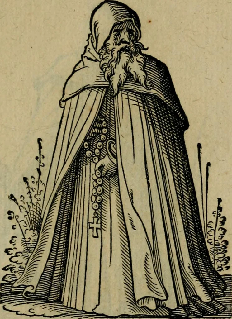 An illustration from Cleri totius Romanae ecclesiae subiecti, seu, Pontificiorvm ordinvm omnivm omnino vtrivsqve sexvs, habitvs, artificiosissimis figuris, quibus Francisci Modii singula octosticha adiecta sunt, nunc primùm à Ivdoco Ammanno expressi: neqve vnquam antehac similiter editi. Addito libello singvlari eivsdem Francisci Modij Brug. in quo cuiusque ordinis ecclesiastici origo, progressus & vestitus ratio breuiter ex variis historicis delineatur, 1585, leaf 166
