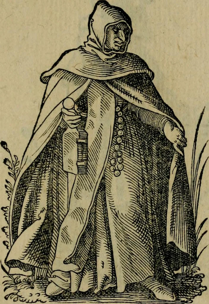 An illustration from Cleri totius Romanae ecclesiae subiecti, seu, Pontificiorvm ordinvm omnivm omnino vtrivsqve sexvs, habitvs, artificiosissimis figuris, quibus Francisci Modii singula octosticha adiecta sunt, nunc primùm à Ivdoco Ammanno expressi: neqve vnquam antehac similiter editi. Addito libello singvlari eivsdem Francisci Modij Brug. in quo cuiusque ordinis ecclesiastici origo, progressus & vestitus ratio breuiter ex variis historicis delineatur, 1585, leaf 168